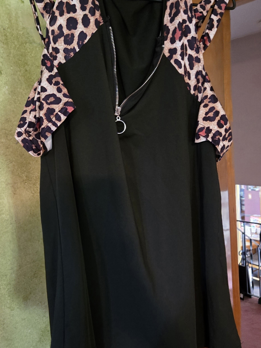 Black Dress Top Cold Shoulder with Leopard Trim and Zip Front